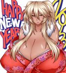  1girl blonde_hair blush breasts brown_eyes female gigantic_breasts kurokagami_ryuuko lipstick long_hair makeup otogi_tetsurou smile 