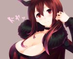 1girl bad_id breasts choker cleavage female haori_iori horns huge_breasts iori_(cpeilad) long_hair looking_at_viewer maou_(maoyuu) maoyuu_maou_yuusha red_eyes red_hair simple_background smile solo text translated