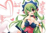 1boy breasts choker cleavage green_hair headdress heart ixion_saga long_hair looking_at_viewer mariandale purple_eyes solo stockings thighhighs trap tsuka_(raikousama) white_legwear wink