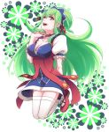 1boy breasts choker cleavage fu-haru green_hair headdress ixion_saga long_hair looking_at_viewer mariandale open_mouth pink_eyes stockings thighhighs trap white_legwear