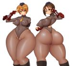  2girls ass blush breasts cameltoe erect_nipples hair huge_ass huge_breasts juli juni leotard multiple_girls nari-moku street_fighter thong_leotard 