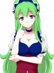  1boy breasts cheek_poke cheek_poking cheek_press choker cleavage dress finger_to_face green_hair headdress ixion_saga long_hair mariandale poking purple_eyes solo terumin_(yuganda_sebone) trap very_long_hair 