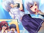 1boy 3_girls 3girls black_hair blush cloud embarrassed erection fellatio fence game_cg goshujinsama_daisuki kuu_spitfire multiple_girls murakumo_sakura oral penis red_eyes red_hair school_uniform shishiouin_hime short_hair silver_hair sky uncensored voyeurism