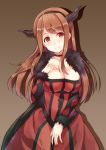 1girl big_breasts blush breast_suppress breasts choker cleavage demon_girl fur_trim hairband horns hyuuga_azuri large_breasts light_smile long_hair looking_at_viewer maou_(maoyuu) maoyuu_maou_yuusha red_eyes red_hair smile solo