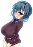  1girl blue_hair blush bottomless braid breasts brown_eyes female furutani_himawari hairband huge_breasts katakuriko large_breasts naked_sweater no_pants open_mouth ribbed_sweater solo sweater tatsuki177 twin_braids white_background yuru_yuri 