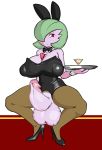  1girl big_breasts big_nipples big_penis big_testicles bow_tie breasts bunny_outfit cat3_(a-) cleavage dickgirl edit erection futanari gardevoir huge_breasts intersex legs_bent nipples penis pokemon solo testicles 