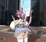 animal_ears animal_tail big_breasts blush breasts cat_ears cat_panties cat_tail cell_phone city embarrassing female funny long_hair looking_back orange_eyes panties pink_hair printed_panties skirt skirt_lift solo tail white_panties