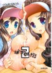 1boy 2girls blue_eyes breasts brown_hair cap cum double_paizuri hat large_breasts mei_(pokemon) multiple_girls multiple_paizuri nipples paizuri pokemon pokemon_(game) pokemon_bw pokemon_bw2 studio_huan teamwork touko_(pokemon) translation_request