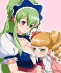 1boy 1girl akira_(natsumemo) big_breasts blonde_hair blush breast_envy breasts choker cleavage dress drill_hair ecarlate_juptris_st._piria flower green_eyes green_hair headdress ixion_saga long_hair mariandale multiple_girls puffy_sleeves purple_eyes trap