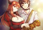 1boy 1girl 2013 breasts brown_hair choker cleavage couple demon_girl fur_trim hand_holding hetero holding_hands horns huge_breasts kingfrogs long_hair long_sleeves maou_(maoyuu) maoyuu_maou_yuusha orange_eyes orange_hair puffy_long_sleeves puffy_sleeves red_eyes signature smile standing upper_body yuusha_(maoyuu)