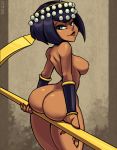 1girl arched_back ass ass_support bare_shoulders big_breasts breasts circlet coffeelot dark-skinned_female dark_skin eliza_(skullgirls) lab_zero_games lips looking_at_viewer looking_to_the_side nail_polish nipples nude red_nails signature skullgirls smile smirk staff thick_thighs thighs