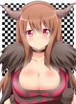  1girl bad_id big_breasts breasts brown_hair cleavage demon_girl horns large_breasts long_hair looking_at_viewer maou_(maoyuu) maoyuu_maou_yuusha red_eyes shinekalta smile solo 