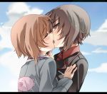  2girls anglerfish black_jacket blue_jacket blush brown_eyes brown_hair bust closed_eyes cloud dress_shirt emblem french_kiss girls_und_panzer hair incest jacket kiss kissing letterboxed long_sleeves military military_uniform multiple_girls nishizumi_maho nishizumi_miho profile red_shirt seita shirt short_hair siblings sisters sky tongue uniform upper_body yuri 