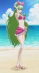 1boy beach bikini braid green_hair ixion_saga long_hair looking_at_viewer mariandale futanari purple_eyes sarong screencap smile solo stitched swimsuit trap very_long_hair