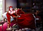 1girl bangle bare_shoulders belt bookshelf bracelet breasts buntaichou cleavage corset dagger demon_girl detached_sleeves dress fake_horns hairband high_res highres horns huge_breasts inkwell jewelry long_hair maou_(maoyuu) maoyuu_maou_yuusha messy pantyhose photo_(object) pillow quill reading recliner reclining red_dress red_eyes red_hair smile solo weapon white_legwear yuusha_(maoyuu)