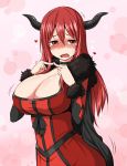 1girl blush breasts cleavage demon_girl dress embarrassed fingers_together horns huge_breasts long_hair maou_(maoyuu) maoyuu_maou_yuusha md5_mismatch nervous open_mouth red_eyes red_hair solo sweat sweatdrop tears trembling zaxwu