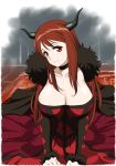  1girl breasts brown_hair cleavage demon_girl dress horns kneel kneeling long_hair looking_at_viewer maou_(maoyuu) maoyuu_maou_yuusha pale_skin sabachiyo_land smile solo 