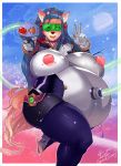 2012 belly big_breasts black_nose blue_hair breasts clothed clothing eyewear female glasses gloves gun hair heart high_heels inflation lips long_hair looking_at_viewer orange_fur overweight quickdraw ranged_weapon smile solo space thick_thighs thighs tight_clothing weapon