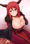 1girl blush breast_lift breasts cleavage collarbone darkmaya horns huge_breasts long_hair maou_(maoyuu) maoyuu_maou_yuusha red_eyes red_hair signature sitting smile solo tattoo tattooed_breast translated