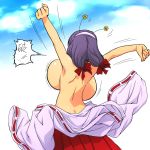 1girl \o/ arms_up ass_crack back backboob big_breasts blue_sky bouncing_breasts bow breasts butt_crack flower from_behind hair_bow hairband hataraki_ari huge_breasts japanese_clothes miko original outstretched_arms purple_hair shiny shiny_skin sky solo stretch text topless translation_request twin_tails twintails unaligned_breasts wardrobe_malfunction