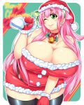  1girl bare_shoulders bell black_legwear black_thighhighs breasts female gloves green_eyes hat huge_breasts long_hair pink_hair plump santa_costume santa_hat sina_and_d smile stockings thighhighs wink 