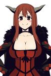 blush breasts choker cleavage coat collarbone hands_on_hips horns large_breasts long_hair looking_at_viewer maou_(maoyuu) maoyuu_maou_yuusha miyashiro_sousuke red_eyes red_hair simple_background smile solo white_background