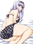  1girl alluring ass bikini butt_crack hairband headband idolmaster long_hair namidame polka_dot polka_dot_bikini polka_dot_swimsuit red_eyes shijou_takane silver_hair simple_background solo sweat swimsuit voluptuous wet white_background 