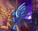 atryl equine female fim friendship_is_magic hair holding_hands hot_spring long_hair mlp my_little_pony night pegasus rainbow_dash rainbow_hair scootaloo spring threesome wings