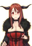 1girl blush breasts brown_hair bust cape choker cleavage demon_girl dress fur_trim hair_between_eyes horns huge_breasts long_hair long_sleeves looking_at_viewer maou_(maoyuu) maoyuu_maou_yuusha red_eyes red_hair shirabi_(life-is-free) simple_background solo upper_body white_background