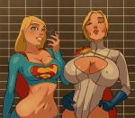 2_girls 2girls batesz big_breasts blonde blonde_hair blush breasts camera cellphone cleavage_cutout dc_comics erect_nipples gloves huge_breasts kara_danvers kara_zor-el kara_zor-l karen_starr lips multiple_girls power_girl supergirl