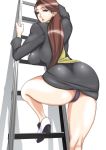  1girl ace_attorney ayasato_chihiro big_breasts breasts brown_hair capcom dress earrings gyakuten_saiban jewelry ladder large_breasts legs long_hair minidress moyashipan panties pantyshot scarf short_dress thighs underwear white_shoes 