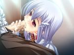 1girl blush collar cum cum_in_mouth cum_inside cum_on_penis cumdrip erection facial fellatio game_cg goshujinsama_daisuki handjob internal_cumshot kuu_spitfire oral penis red_eyes school_uniform short_hair silver_hair uncensored