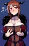  1girl big_breasts blush breast_hold breasts choker cleavage corset demon_girl eon_(bottomline) feather_boa female_only holding_breasts horns huge_breasts long_hair maou_(maoyuu) maoyuu_maou_yuusha red_eyes red_hair solo_female sweatdrop tomohiro_kai 