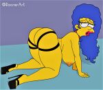 all_fours ass blue_hair erect_nipples hanging_breasts high_heels huge_breasts marge_simpson pearls rocner the_simpsons thighs yellow_skin