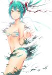 1girl blush bra digital_dissolve floating_hair green_eyes green_hair hatsune_miku headphones miku_hatsune panties skirt smile solo stockings striped striped_bra striped_panties tears thighhighs torn_flipper twin_tails twintails underwear vocaloid