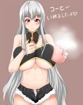  1girl abs ascot bare_shoulders blush breasts brown_background cup denim denim_shorts holding huge_breasts long_hair midriff no_bra panties red_eyes selvaria_bles senjou_no_valkyria senjou_no_valkyria_1 shorts silver_hair simple_background solo steam sugamo text translated unbuttoned underboob underwear unzipped valkyria_chronicles very_long_hair white_panties 