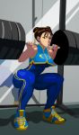  1girl breasts brown_hair capcom chun-li double_bun exercise morgan_mundie morganagod muscle shoes sneakers solo squatting street_fighter street_fighter_zero thick_thighs thighs weights 