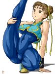 1boy 1girl bodysuit capcom chun-li flexible isu leg_lift lowres muscle oekaki raised_leg ryu ryuu_(street_fighter) skin_tight spread_legs street_fighter thick_thighs thighs unitard when_you_see_it