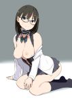 1girl arm_support bare_shoulders black_hair black_legwear bow bowtie breasts choker corset female glasses green_eyes kneel kneeling legs looking_at_viewer nipples nora_higuma open_clothes open_shirt original shirt skirt socks solo sweat sweatdrop