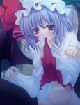  1girl bat_wings black_legwear blue_hair blush bottomless female hat hat_ribbon looking_at_viewer midriff mouth_hold onsen_tamago_(nurumayu_onsen) out-of-frame_censoring out_of_frame purple_eyes red_eyes remilia_scarlet ribbon shirt_lift short_hair sitting skirt skirt_lift smile solo spread_legs stockings thighhighs touhou wings 