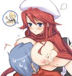  1boy 1girl aty aty_(summon_night) bad_id between_breasts blue_eyes blue_hair blush breasts esu_(ss_jj) hat head_between_breasts hetero nipples panties pout red_hair summon_night summon_night_3 surprised tears underwear yard_(summon_night) 