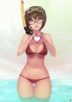 1girl bikini breasts brown_eyes brown_hair cleavage glasses goggles goggles_on_head heart heart-shaped_pupils heart_hands high_res highres instant-ip instant_ip navel original parted_lips red_bikini short_hair snorkel solo swimsuit symbol-shaped_pupils thigh_gap thighs wading wet