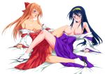 2girls bad_id blue_eyes blue_hair blush breasts hair hairband hakama himemiya_chikane japanese_clothes kannazuki_no_miko kurusugawa_himeko legs long_hair miko multiple_girls orange_hair purple_eyes sayika tabi tribadism yuri