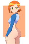 1girl 1girl 1girl abysswatchers ass ass ben_10 big_ass big_ass bottomless breasts cartoon_network dat_ass eye_contact green_eyes gwen_tennyson looking_at_viewer orange_hair short_hair small_breasts smile standing thick_thighs thighs