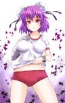  1girl :o alternate_costume bandage bandages bloomers blush breasts bun_cover buruma collarbone cuffs double_bun female gym_uniform hair_bun hand_on_own_chest ibaraki_kasen looking_at_viewer midriff navel open_mouth purple_eyes purple_hair shackle shackles shirt shirt_lift short_sleeves solo sumapan touhou 