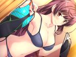  1girl black_bra black_panties blush bra breasts brown_hair collarbone competition_swimsuit female game_cg huge_breasts lingerie long_hair looking_at_viewer marushin_(denwa0214) one-piece panties red_eyes shinohara_katsumi smile solo supokon!_sports_wear_complex swimsuit underwear 