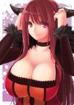  1girl big_breasts breasts choker cleavage coat fur_trim horns hsuliherng large_breasts long_hair maou_(maoyuu) maoyuu_maou_yuusha open_clothes open_coat pink_eyes red_hair smile solo 