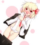  1girl blonde_hair blush dress_shirt fang hair_ribbon high_res koji_(kohei66) neck_tie open_clothes open_mouth open_shirt panties red_eyes ribbon rumia shirt short_hair skirt skirt_pull solo tears touhou underwear white_panties 