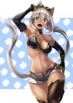 1girl animal_ears aqua_eyes bad_id belly bikini_top breasts cat_ears cat_tail choker dark_skin elbow_gloves fangs fishnets gloves hair hand_on_hip kaiten_muten-maru kyon_(fuuran) long_hair looking_at_viewer midriff navel open_fly open_mouth shamu_meruruusa shiny shiny_skin shorts silver_hair solo stockings sunglasses sunglasses_on_head tail thigh_gap thighhighs unzipped