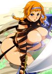  1girl ass big_breasts blonde_hair breasts edo_shigezu eromafia leina_(queen&#039;s_blade) pigtails queen&#039;s_blade short_twintails sword twintails weapon 